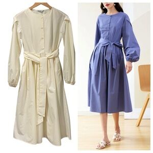 NWT SKYE Rosalie Cotton Light Beige Puff Sleeve Midi Dress S